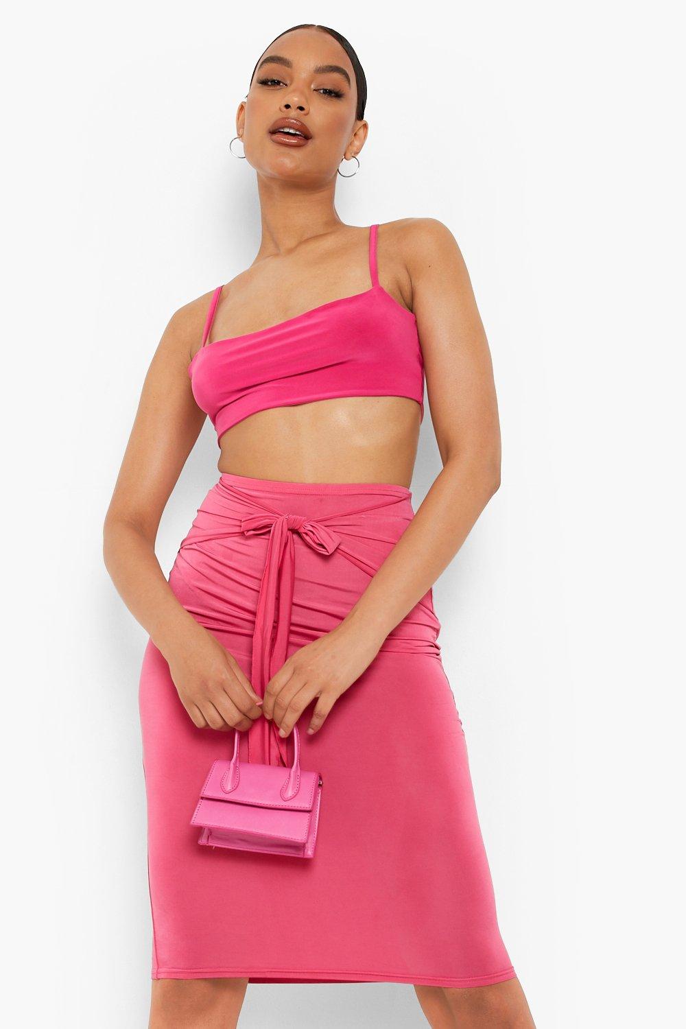 Boohoo pink midi skirt sale